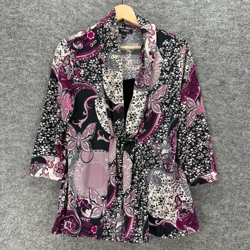 Elementz Blazer Women L Large Black Floral Collared 3/4 Sleeve One Button Casual